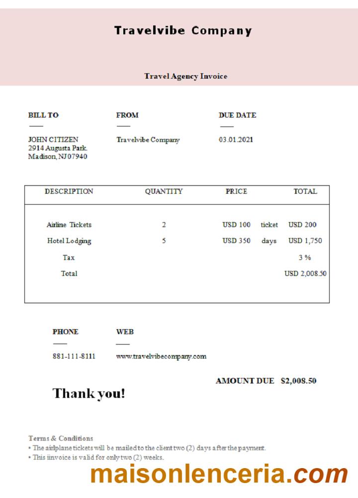 USA Travelvibe firma faktura słowo i PDF szablon